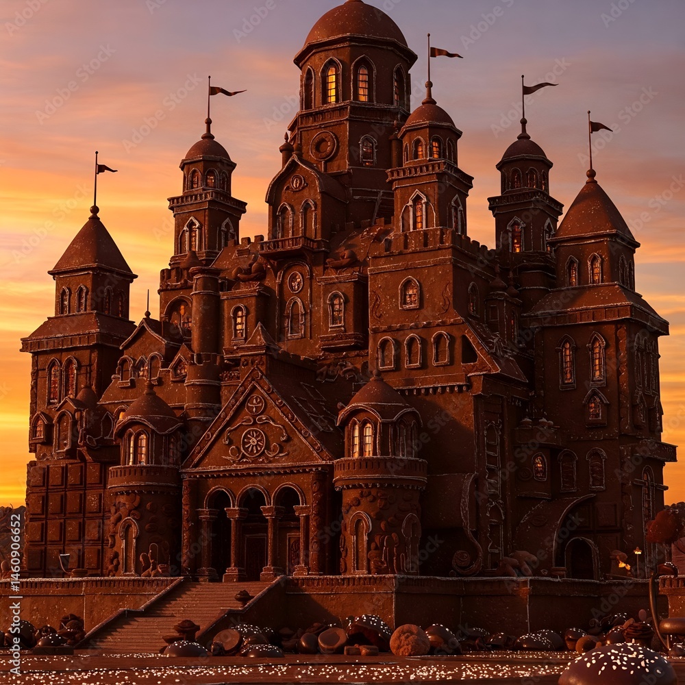 Fototapeta premium This impressive castle, constructed from various shades of chocolate, boasts imposing towers, detailed facades, and delicate architectural elements