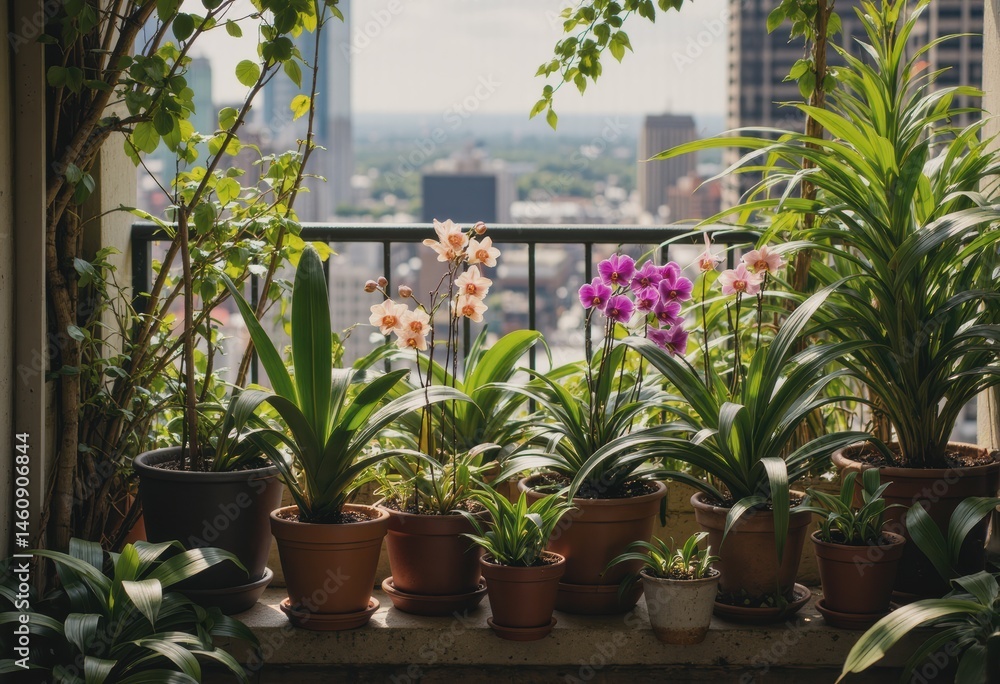 Fototapeta premium Vibrant balcony garden with blooming orchids and lush greenery