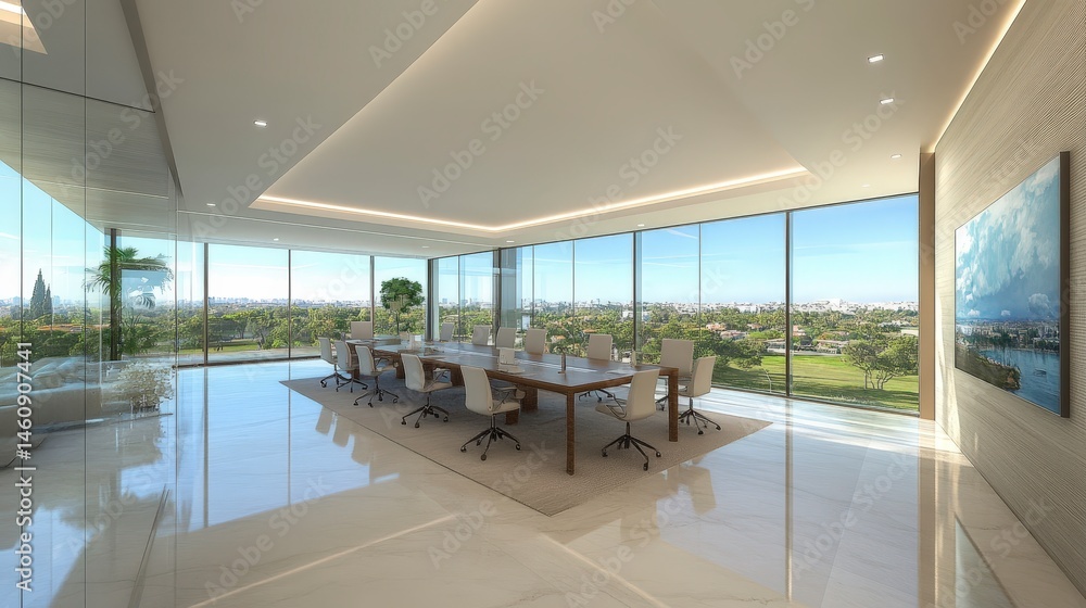 Modern Office Interior Design Panoramic City View Conference Room