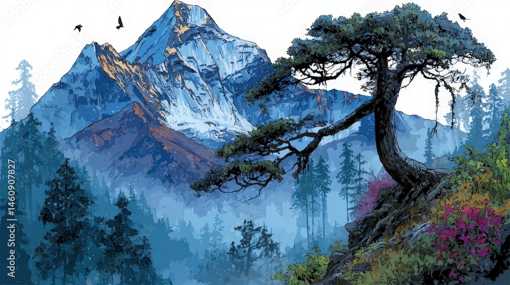 Serene Mountain Landscape Minimalist Nature Art Print