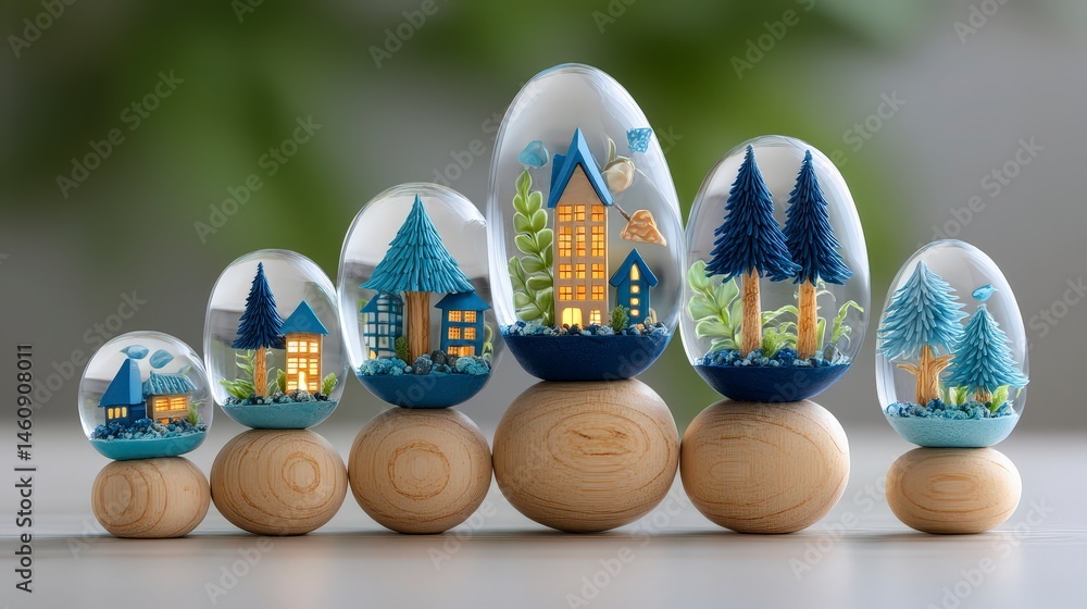 Miniature Village Domes Charming Blue Houses Trees and Illuminated Scenes in Glass