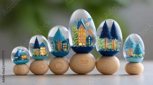 Obraz na płótnie Miniature Village Domes Charming Blue Houses Trees and Illuminated Scenes in Glass w salonie