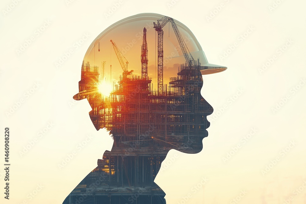 Silhouette of Engineer with Construction Site Double Exposure Concept at Sunset; Abstract Composite Image with Crane and Building Silhouette of Engineer with Construction Site Double Exposure Concept at Sunset; Abstract Composite Image with Crane and Building