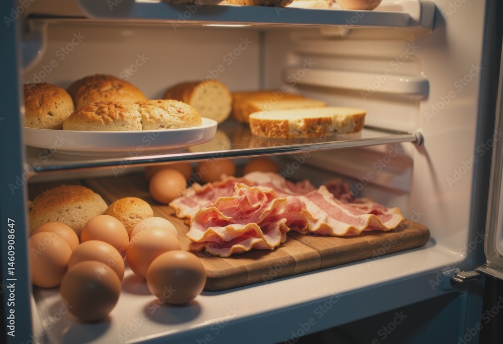 Fresh ingredients in a refrigerator, including eggs, bacon, and bread Fresh ingredients in a refrigerator, including eggs, bacon, and bread