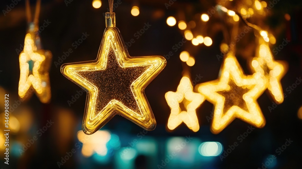 Illuminated star-shaped lights hanging at night, creating a warm, festive ambiance. Illuminated star-shaped lights hanging at night, creating a warm, festive ambiance.