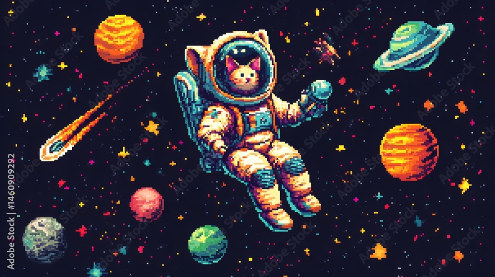 Naklejka premium Pixel art cat astronaut with a bubble helmet in space surrounded by colorful stars planets and a tiny spaceship