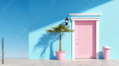 Pastel Pink Door  Palm Tree  Minimalist Blue House Exterior