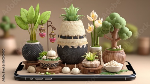 Obraz na płótnie Festive Tamil New Year Decor on Smartphone Minimalist Plants Potted Trees Crafts w salonie