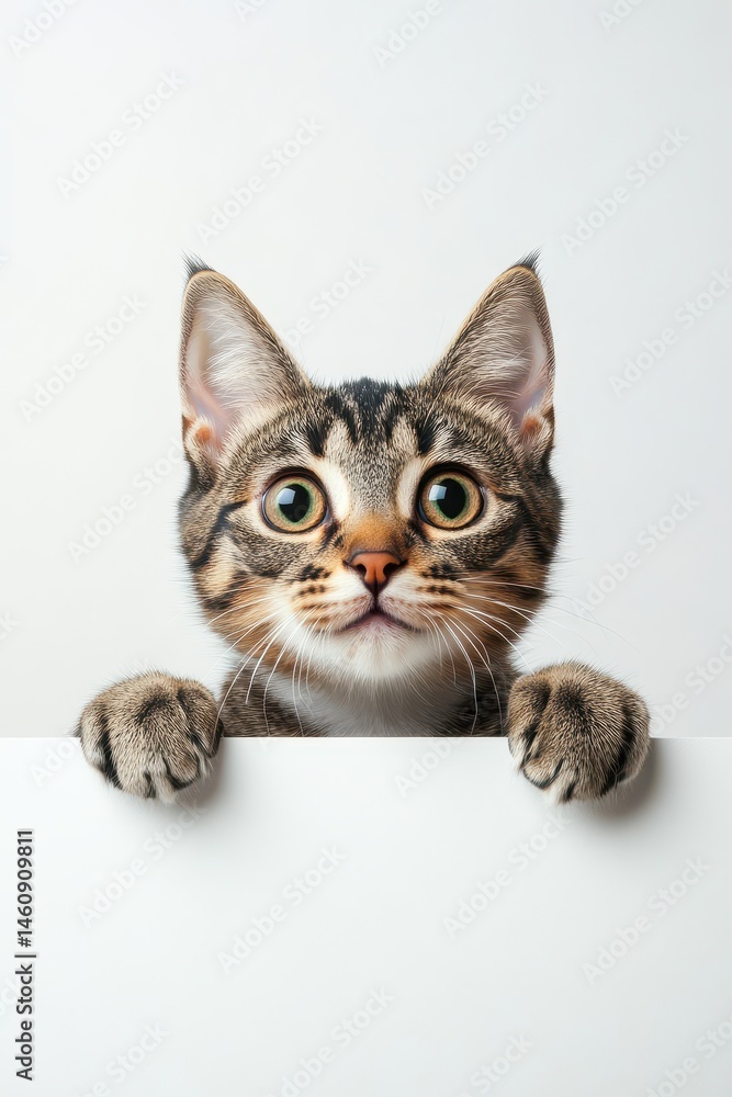 Curious tabby kitten peeking over a white wall studio shot eye-level portrait adorable feline domestic animal Curious tabby kitten peeking over a white wall studio shot eye-level portrait adorable feline domestic animal