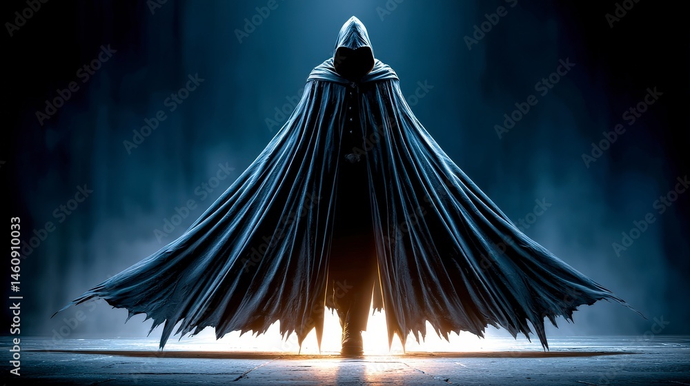 Mysterious Hooded Figure in Dark Cloak Night Scene Dramatic Lighting