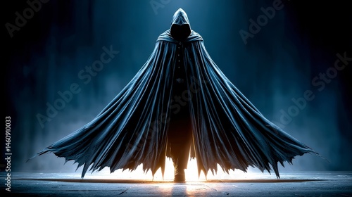 Obraz na płótnie Mysterious Hooded Figure in Dark Cloak Night Scene Dramatic Lighting w salonie
