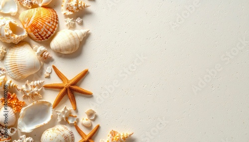 Seashells arranged on light beige background