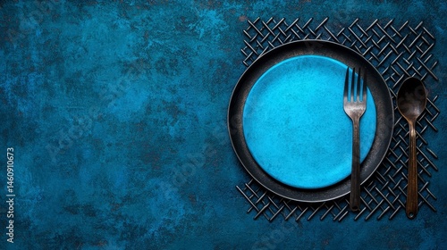 Obraz na płótnie Minimalist Blue Plate Fork Spoon Dark Table Setting Rustic Background w salonie