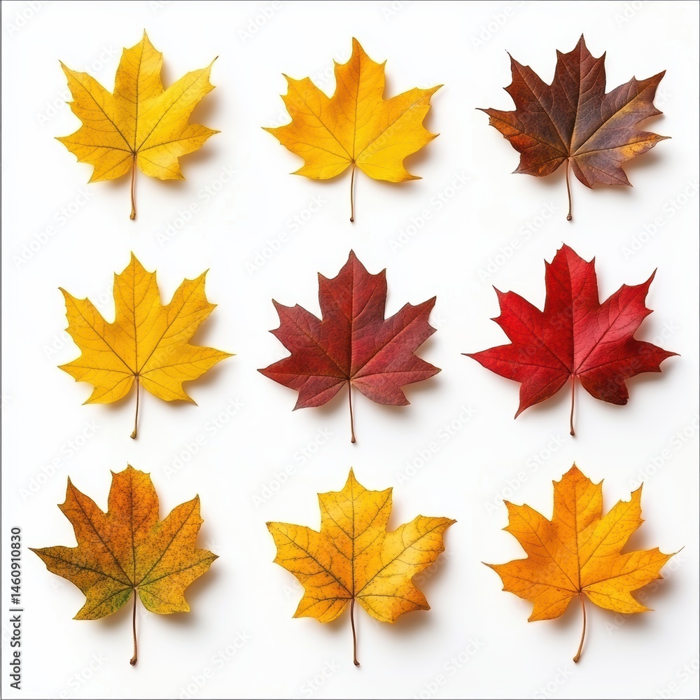 Fototapeta premium Autumn Maple Leaves on White Background Overhead Flat Lay Displaying Seasonal Colors and Textures for Fall Design and Decoration