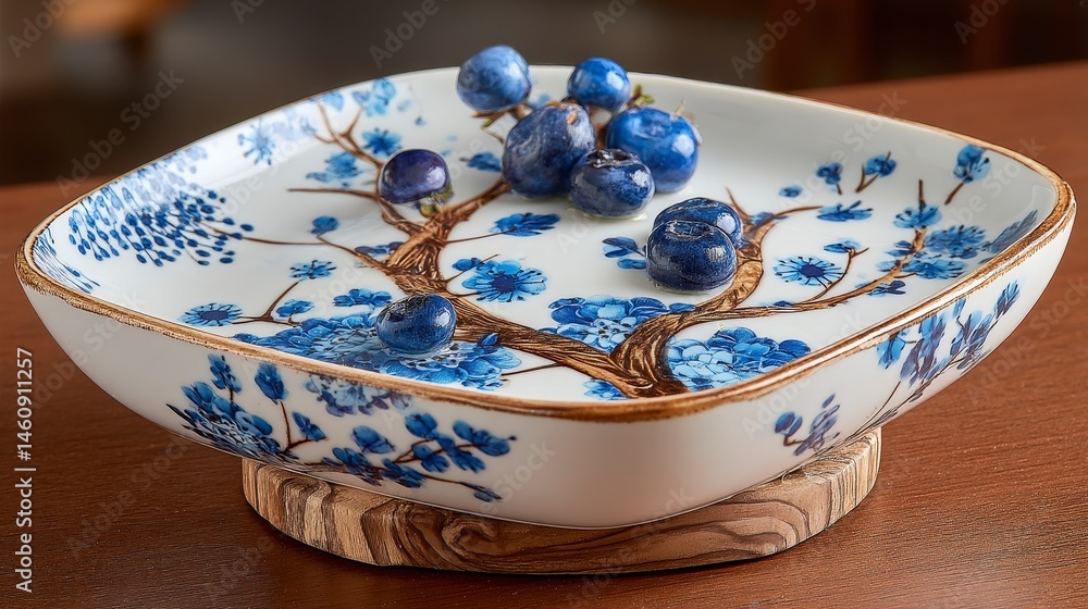 Blue and White Chinoiserie Ceramic Dish with Blueberries