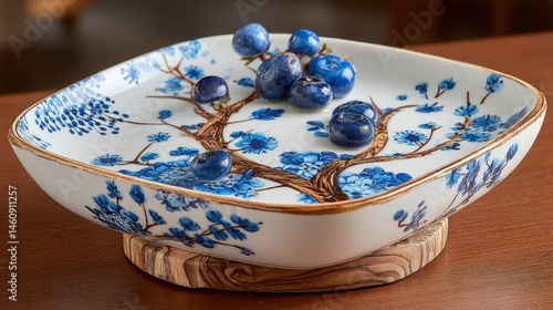Obraz na płótnie Blue and White Chinoiserie Ceramic Dish with Blueberries w salonie