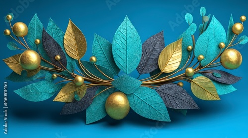 Elegant Gold   Teal Leaf Wreath   Luxury Nature Design   Minimalist Ornament  Festive Deco