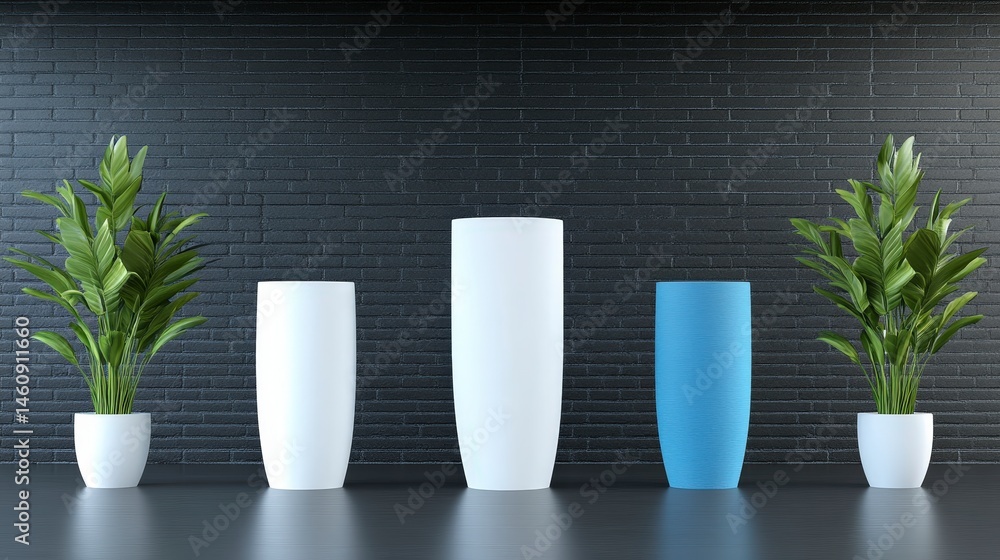 Minimalist Product Display Blank Cylindrical Stands Plants Brick Wall