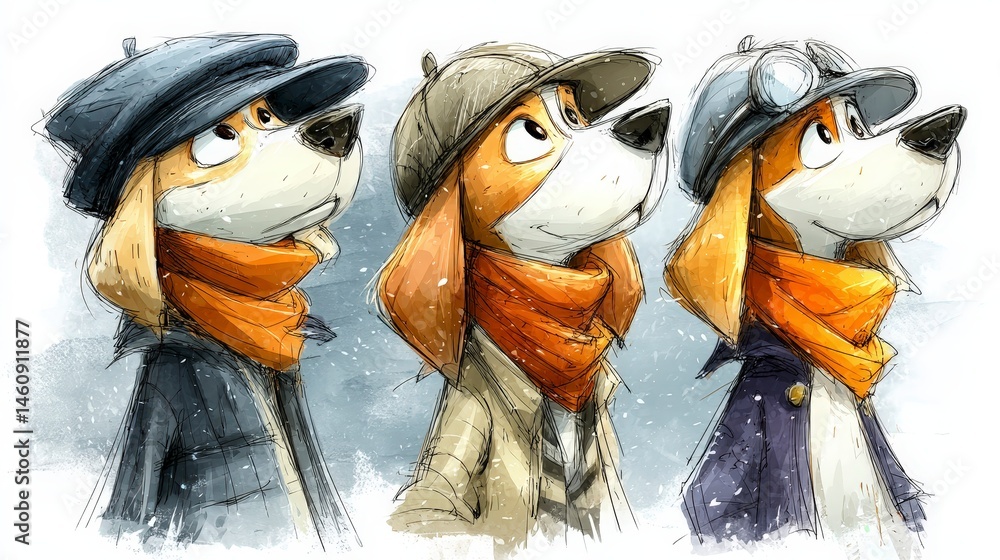 Cute Dogs in Winter Hats Watercolor Doodle Illustration