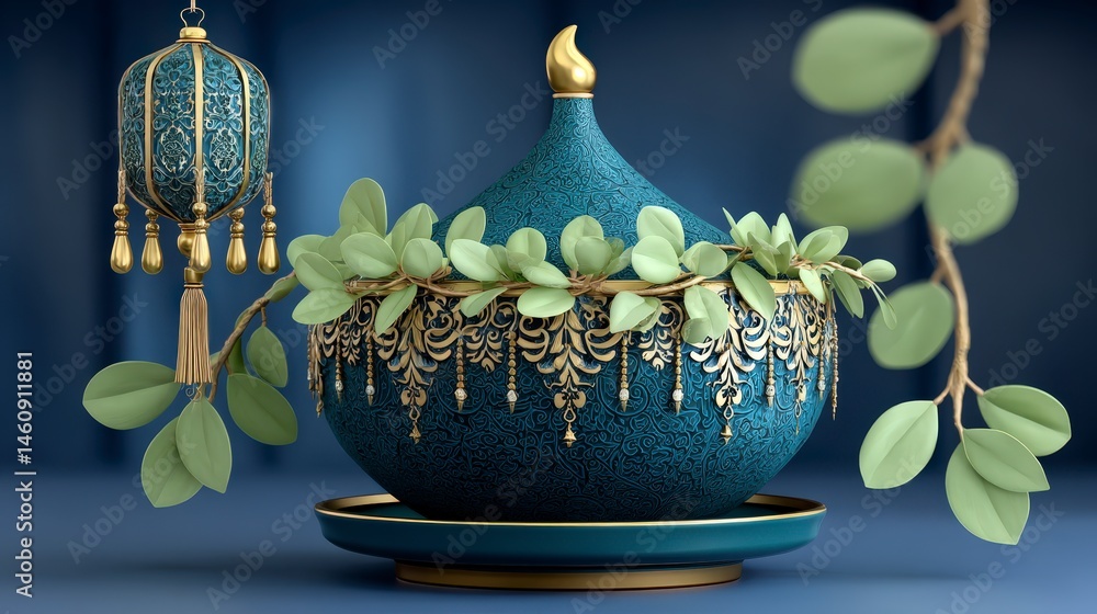 Elegant Teal Gold Ornate Decor Luxury Home Still Life Floral Garnish Art Deco Styl