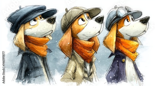 Obraz na płótnie Cute Dogs in Winter Hats Watercolor Doodle Illustration w salonie