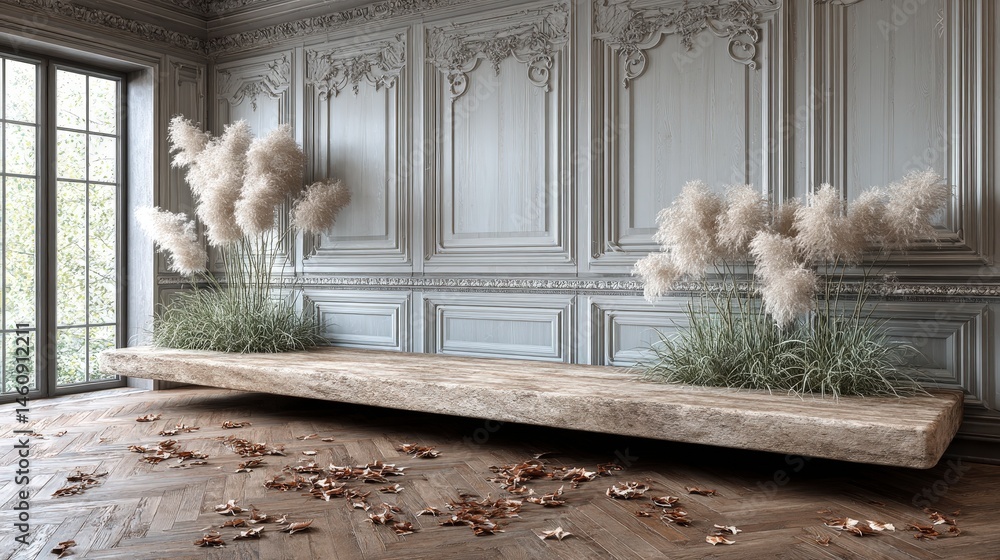 Minimalist Loft Interior Design Pampas Grass Marble Console Wood Plank