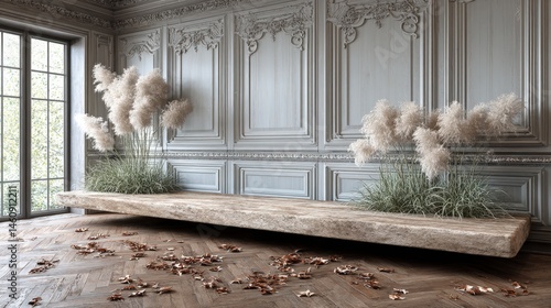 Obraz na płótnie Minimalist Loft Interior Design Pampas Grass Marble Console Wood Plank w salonie