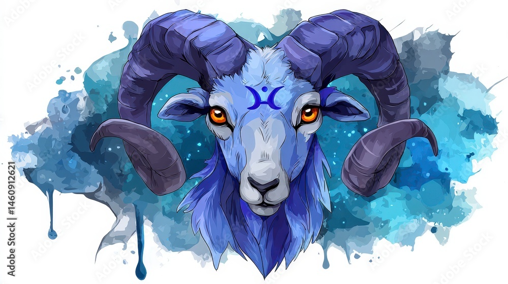 Aries Zodiac Sign Blue Ram Mystical Animal Watercolor Astrology Spiritual Ram Head