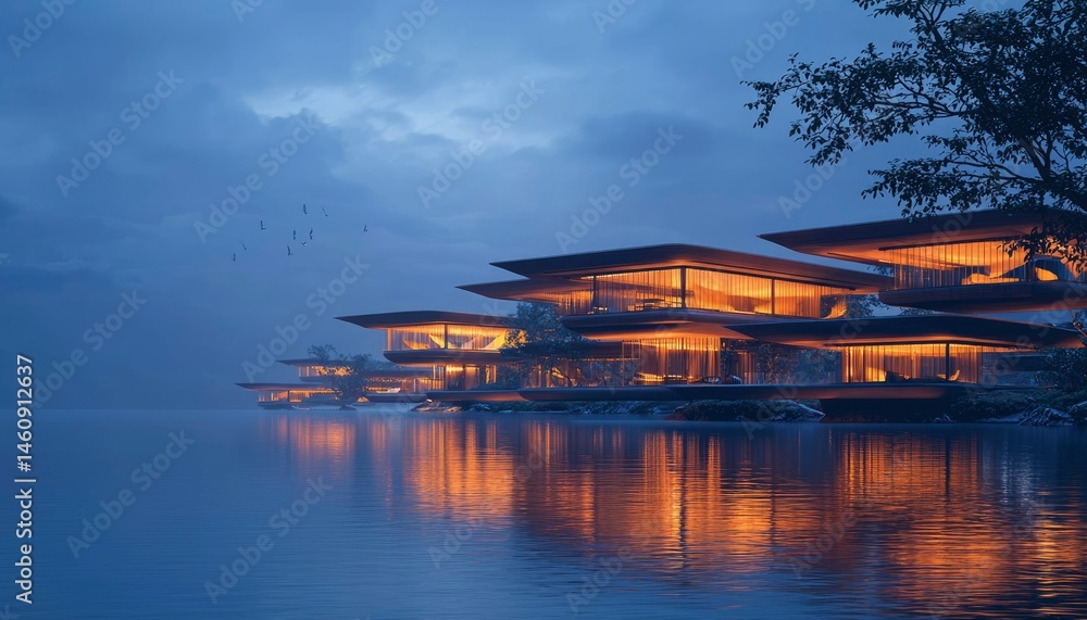 Fototapeta premium Modern waterfront resort at dusk