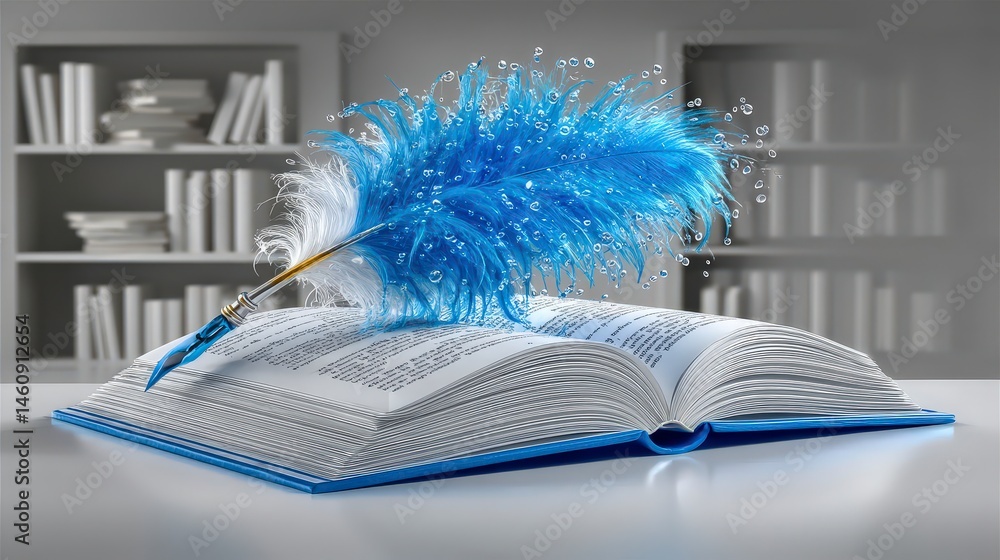 Blue Quill Pen on Open Book Water Droplets Library Background Education Concept