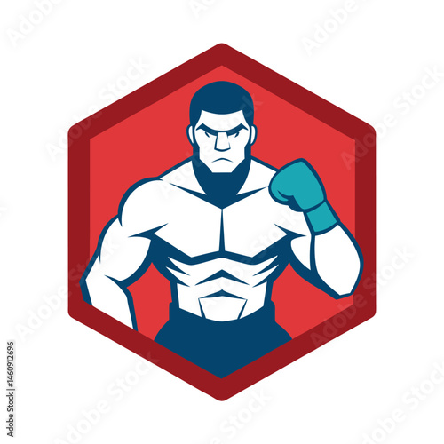 Vector illustration of a muscular boxer ready for a fight inside a red hexagon