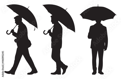 Set of black silhouettes of a man with an umbrella in various poses on white background