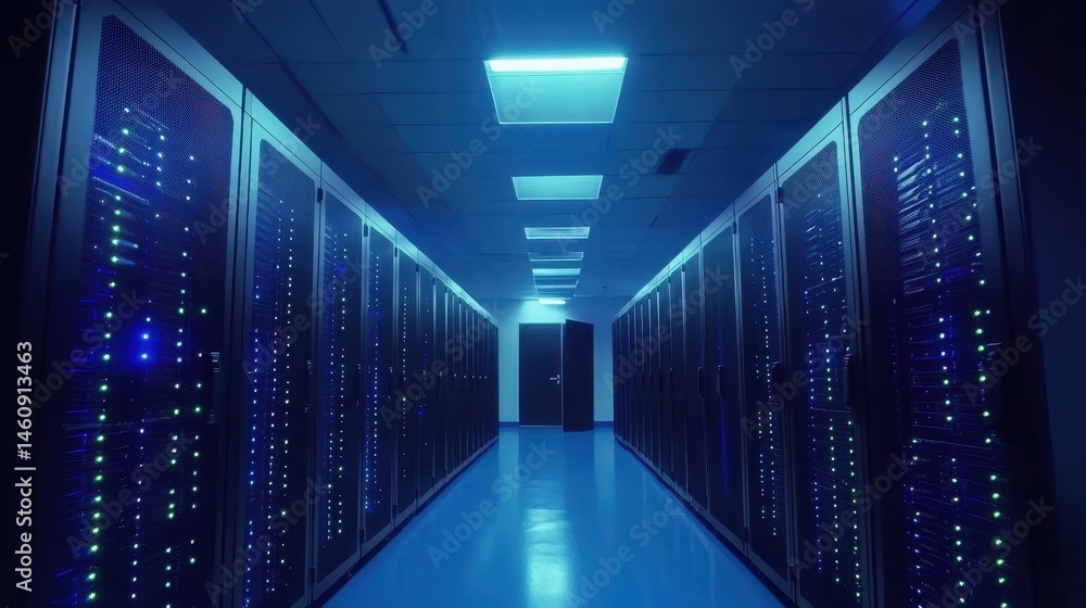Fototapeta premium Data Center Interior View of Server Racks in a Long Row Perspective of IT Infrastructure with Blue Tones and Open Door