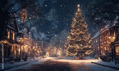 enchanting Christmas night with a giant decorated tree in the middle of a snowy town square, Generative AI