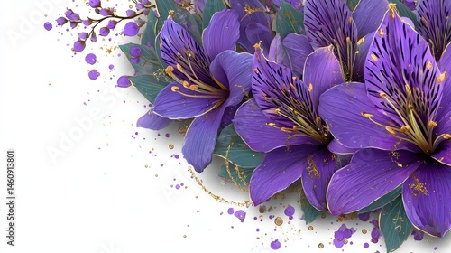 Purple Alstroemeria Flowers  Gold Accents  Minimalist Floral Design  White Background