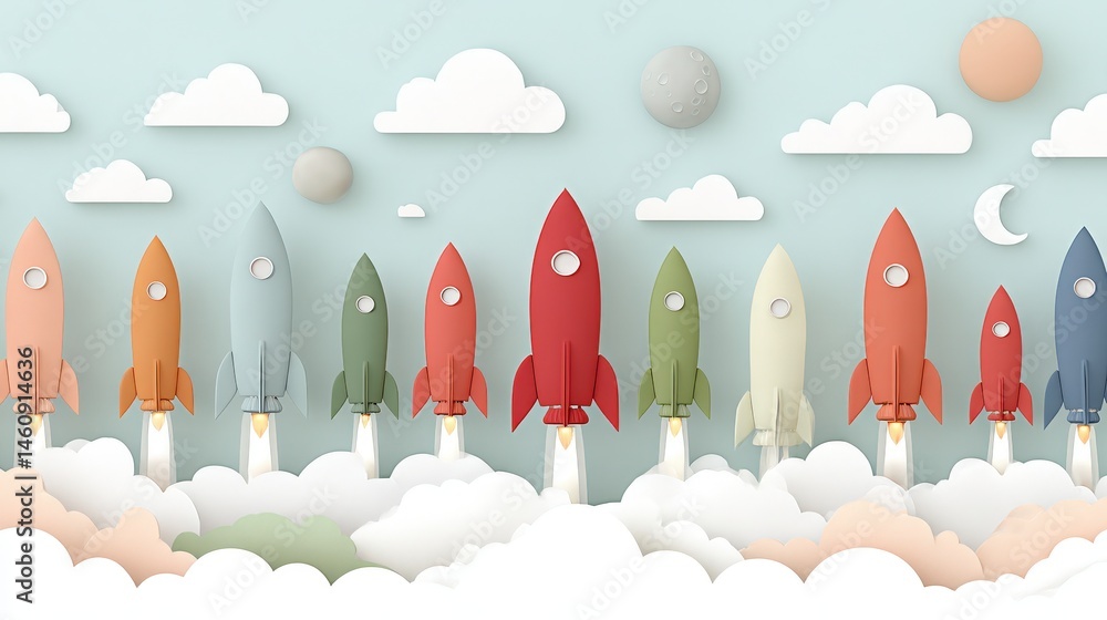 Colorful Rockets Launching Startup Success Growth Concept