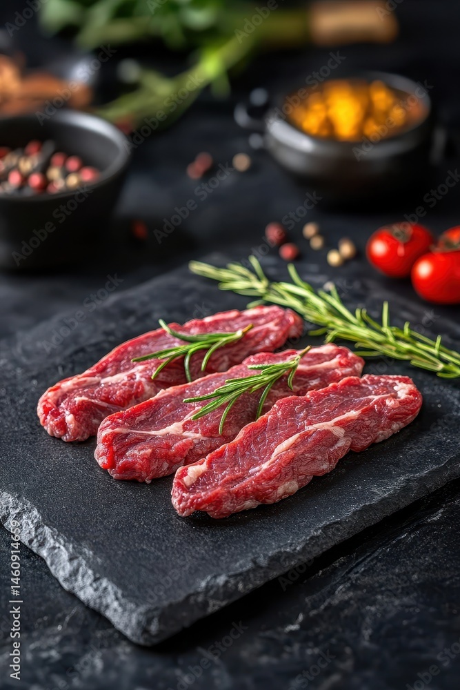 Fresh Raw Beef Strips on Slate Board with Rosemary and Spices Culinary Close Up Food Photography Fresh Raw Beef Strips on Slate Board with Rosemary and Spices Culinary Close Up Food Photography