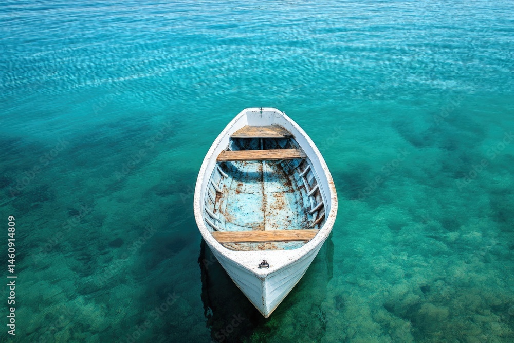 Obraz premium Tranquil white rowboat on vibrant turquoise water