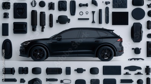 Obraz na płótnie Black SUV Car Parts 3D Rendered Automotive Components Accessories w salonie