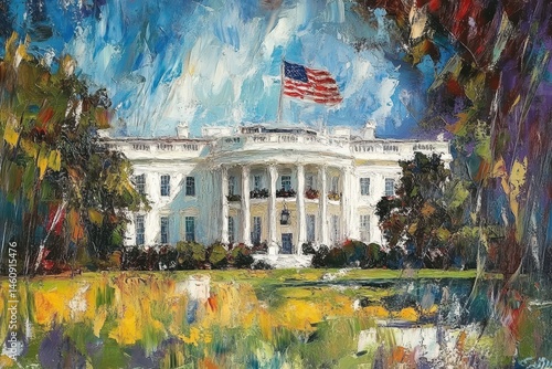 White House Impressionistic Painting with American Flag Waving Artistic Style in Washington DC Landscape View of Presidential Residence