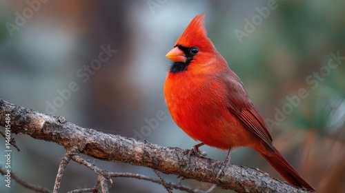 Vibrant crimson bird perched on a weathered branch.