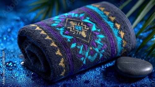 Obraz na płótnie Rolled Ethnic Towel Geometric Design Spa Blue Background Wellness w salonie