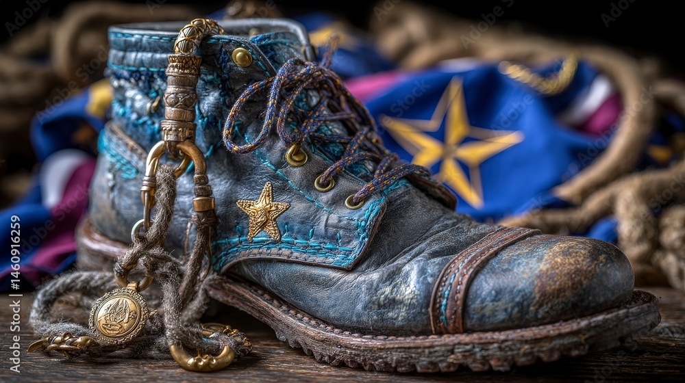 Fototapeta premium Worn Leather Boot with Star Detail Patina Rope and Medallion