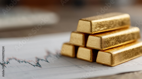 Wallpaper Mural Gold Bullion and Stock Market Chart: A close-up shot of several gold bars meticulously arranged on a financial chart, illustrating the concept of precious metal investment and market trends.  Torontodigital.ca