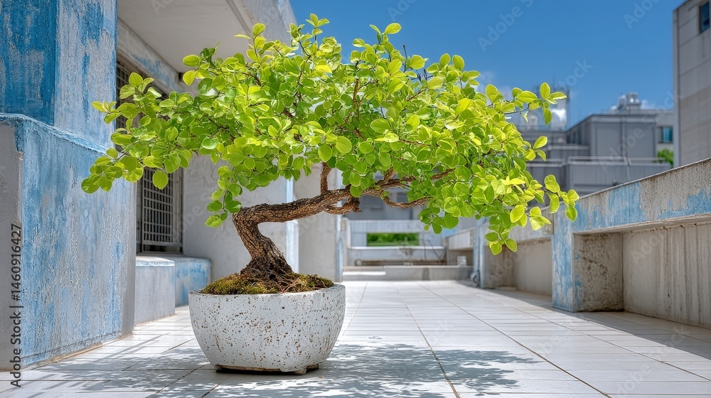Serene Bonsai Tree on Modern Terrace Minimalist Zen Garden Outdoor Plant