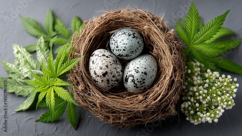 Obraz na płótnie Bird Nest Eggs Cannabis Leaves Minimalist Nature Still Life Photography w salonie