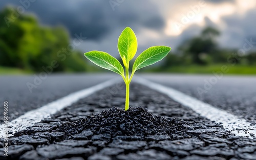 New life sprouting from cracked asphalt