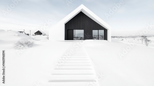 Obraz na płótnie Modern Minimalist Cottage in Snowy Landscape Winter House Architecture w salonie
