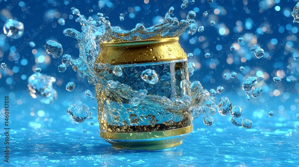 Refreshing Drink Can Splash Blue Water Bubbles Minimalist