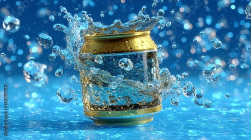 Obraz na płótnie Refreshing Drink Can Splash Blue Water Bubbles Minimalist w salonie